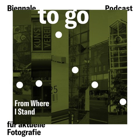 Cover of the podcast made from a collage of photos of the exhibition houses in olive green.